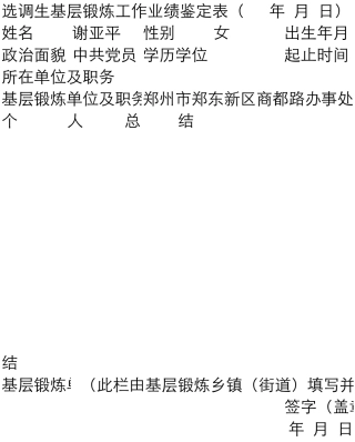 2025选调生基层锻炼工作业绩鉴定表