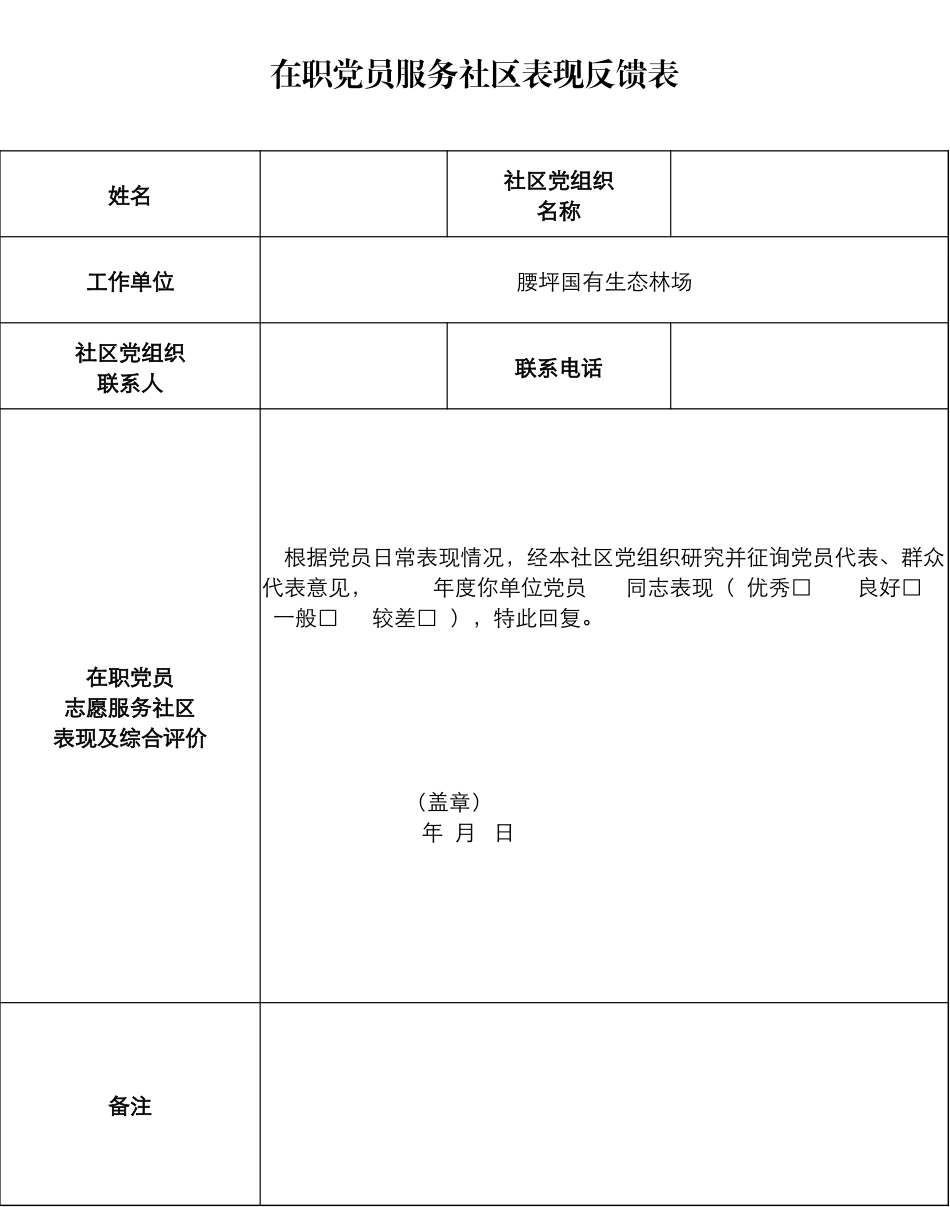 2025在职党员服务社区表现反馈表_第1页