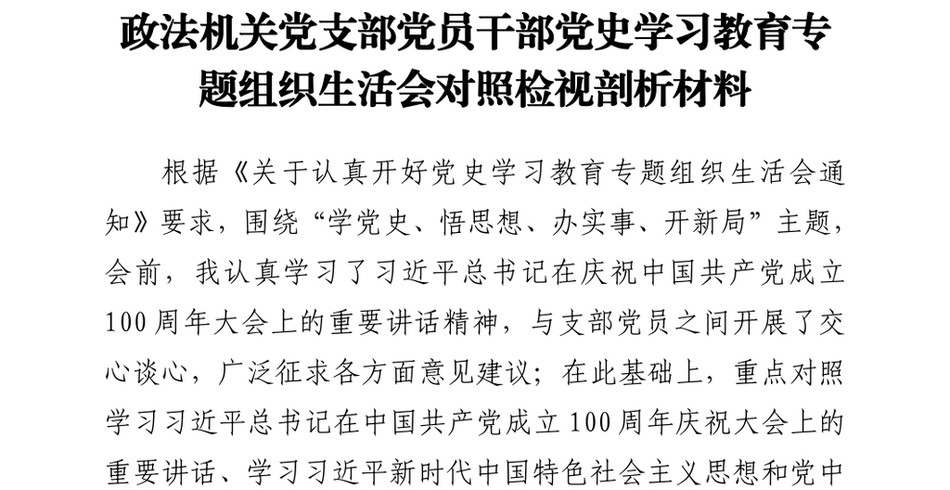 政法机关党支部党员干部党史学习教育专题组织生活会对照检视剖析材料_第2页