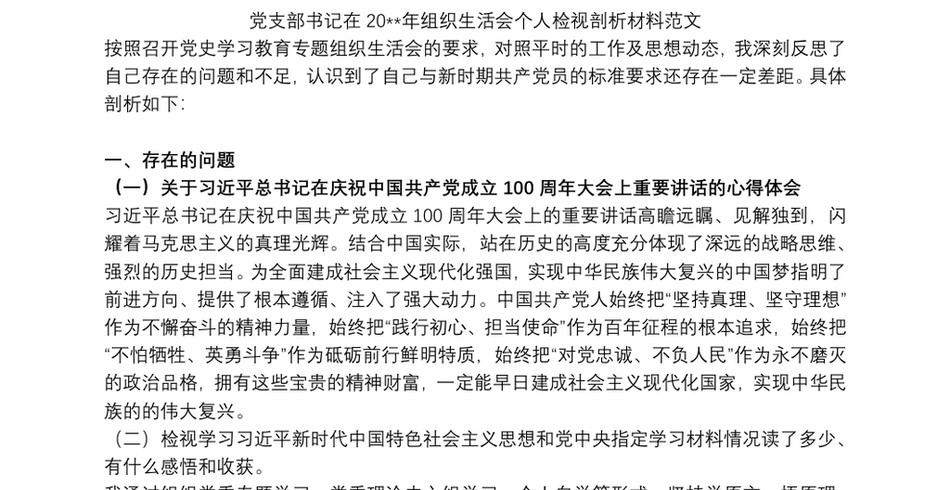 党支部书记在20xx年组织生活会个人检视剖析材料范文_第2页