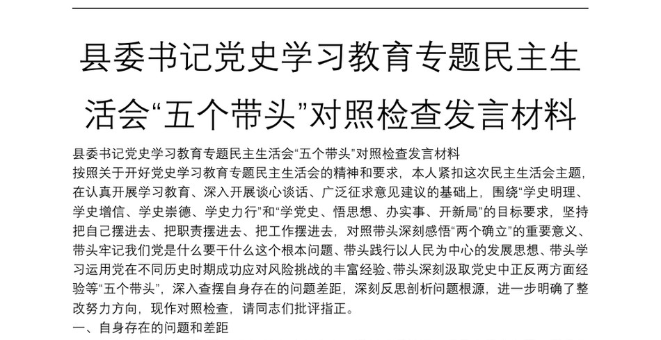 县委书记党史学习教育专题民主生活会“五个带头”对照检查发言材料_第2页