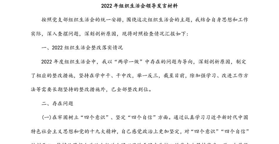 2022年组织生活会领导发言材料_第2页