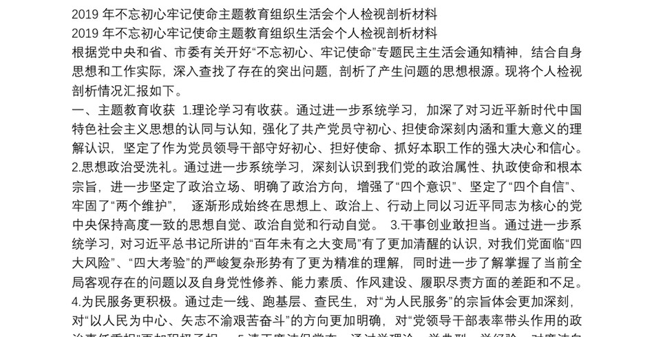 2019年不忘初心牢记使命主题教育组织生活会个人检视剖析材料_第2页