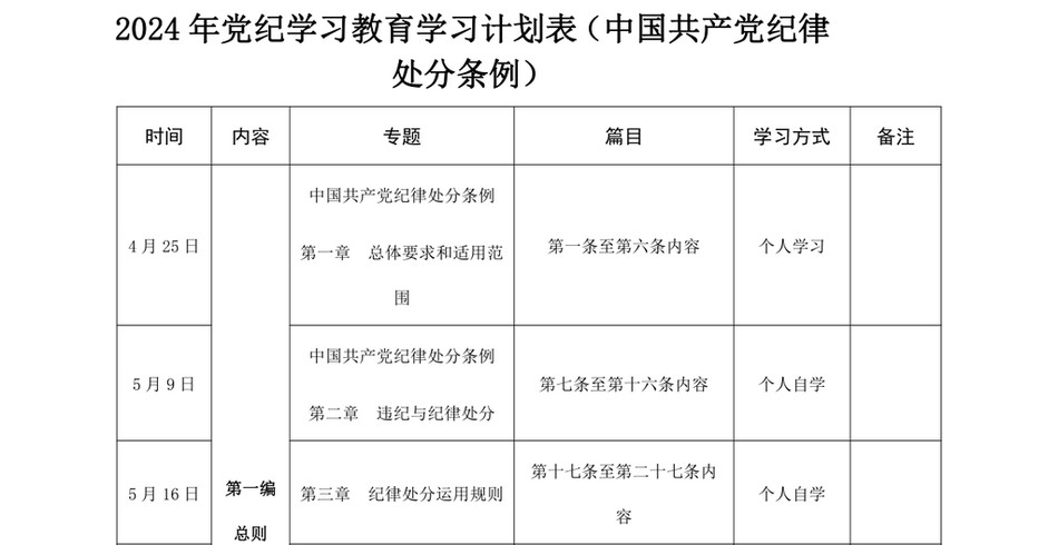 2025《中国共产党纪律处分条例》2024年学习计划表_第2页