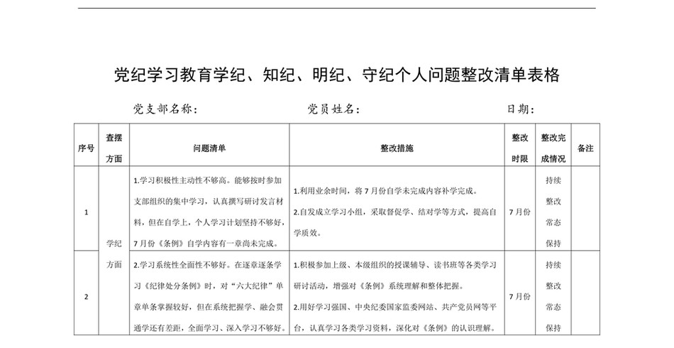 2025党纪学习教育学纪、知纪、明纪、守纪个人问题整改清单表格20240729_第2页