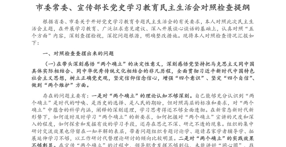 市委常委、宣传部长党史学习教育民主生活会对照检查提纲_第2页