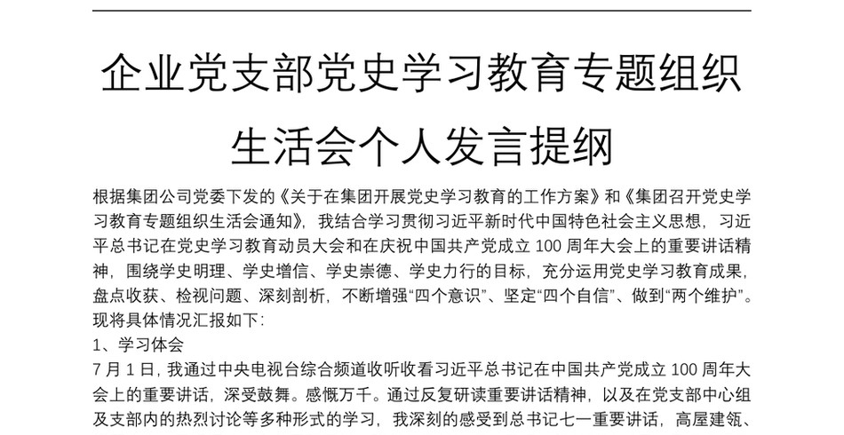 企业党支部党史学习教育专题组织生活会个人发言提纲_第2页