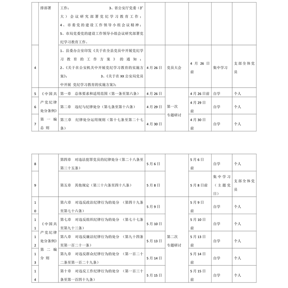 2025公安机关党支部党纪学习教育理论学习计划（表格样式）_第3页