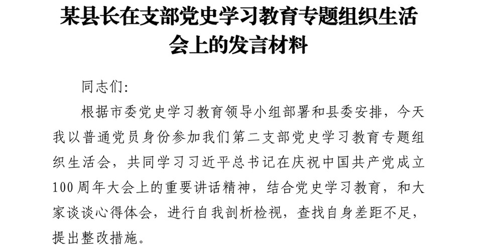 2021某县长在支部党史学习教育专题组织生活会上的发言材料_第2页