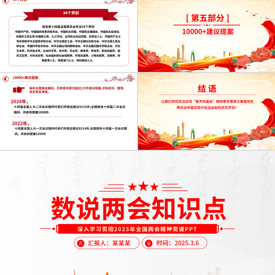 2025数说两会知识点PPT红色党政风深入学习贯彻全国两会精神党课下载