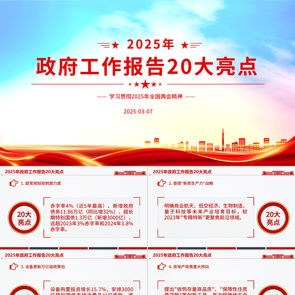 2025年政府工作报告20大亮点PPT两会精神学习党课PPT课件