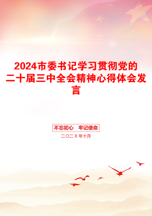 2024市委书记学习贯彻党的二十届三中全会精神心得体会发言