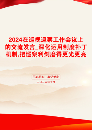 2024在巡视巡察工作会议上的交流发言_深化运用制度补丁机制,把巡察利剑磨得更光更亮