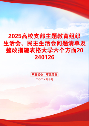 2025高校支部主题教育组织生活会、民主生活会问题清单及整改措施表格大学六个方面20240126