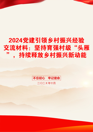 2024党建引领乡村振兴经验交流材料：坚持育强村级“头雁”，持续释放乡村振兴新动能